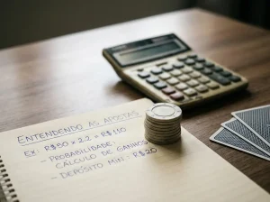 Fichas sobre uma folha com contas de multiplicação e uma calculadora ao lado