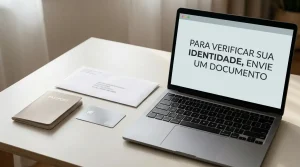 Passaporte fechado, envelope, cartão bancário e portátil sobre uma secretária organizada