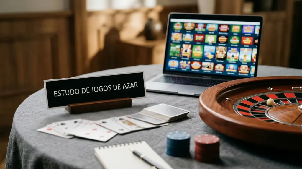 Cartas de jogo junto a uma roleta e um portátil com miniaturas coloridas de jogos