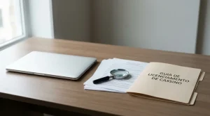 Documentos regulatórios genéricos, lupa e portátil sobre uma secretária