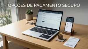 Portátil, cartão bancário, telemóvel e símbolo genérico de cripto numa secretária